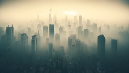 City skyline shrouded in thick smog and pollution
