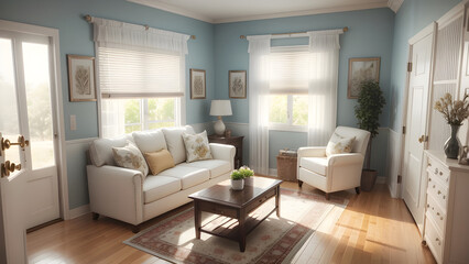 Bright and airy living room interior design with white furniture, blue walls, natural light, and decorative plants for a relaxed atmosphere