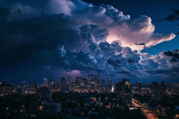 A thunderstorm over a cityscape, emphasizing the sharp difference between the dark storm clouds and the city lights