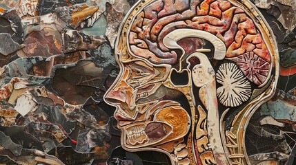 The anatomy of the human brain, mental illnesses, and their treatment. An art collage depicting anatomies of the human brain.