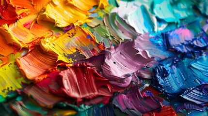A close-up of a painter's palette, showcasing a vibrant mix of oil paints with rich textures and bold colors