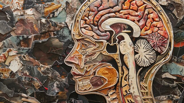 The anatomy of the human brain, mental illnesses, and their treatment. An art collage depicting anatomies of the human brain.