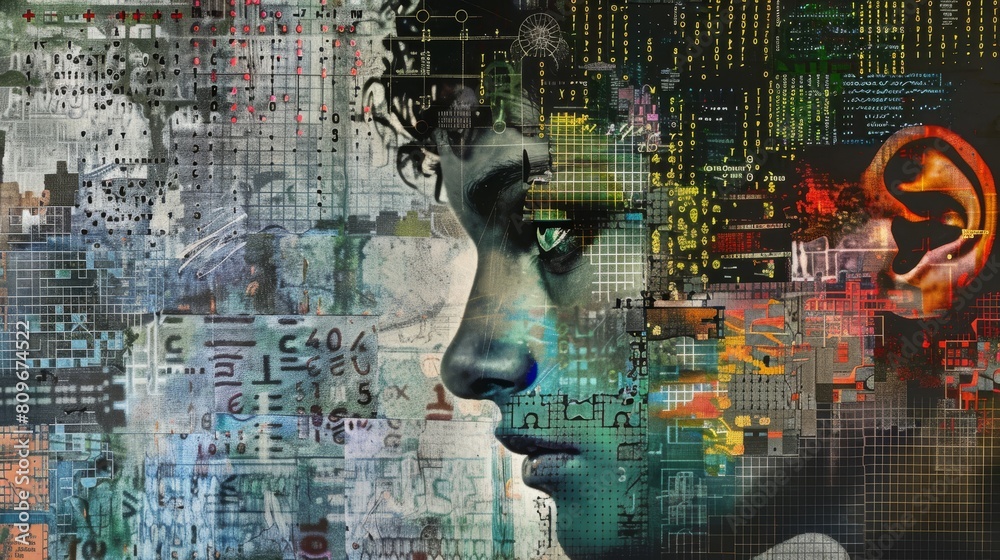 Poster art collage metaphor for hacking data on a computer and over a network.