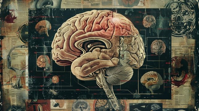 Anatomy of the human brain, mental problems and solutions. Art collage.