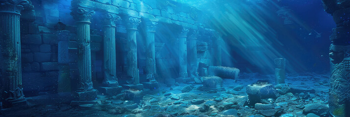 Obraz premium Submerged building featuring columns stands in underwater scene, showcasing an architectural element amidst aquatic surroundings
