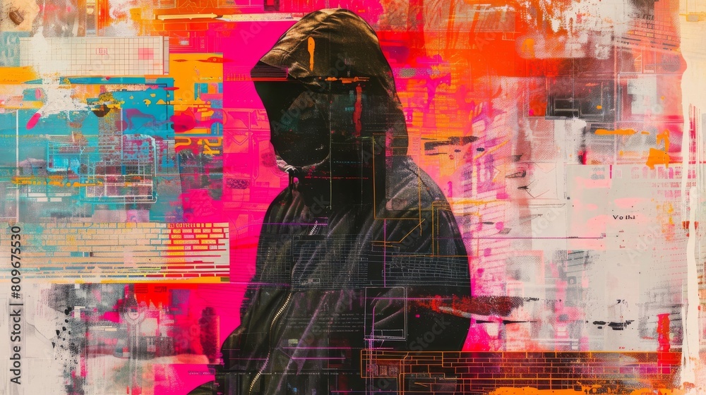 Poster hacking metaphor. art collage depicting hacking personal data on computers.
