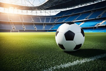 Sunrise paints a mesmerizing picture of a soccer ball on dewy stadium grass.
