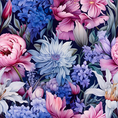 seamless watercolor arrangements with beautiful flower. Botanical illustration colorful style.