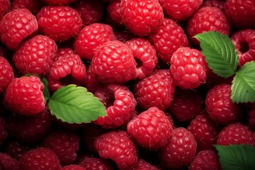 Close-up of juicy red raspberries nestled among vibrant green leaves