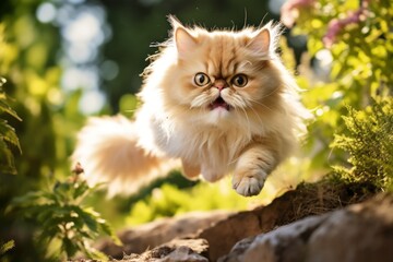Naklejka na ściany i meble Headshot portrait photography of a smiling persian cat leaping in beautiful nature scene