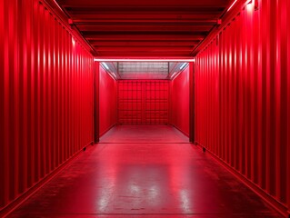 Interior of an empty, vibrant red shipping container with dramatic lighting.