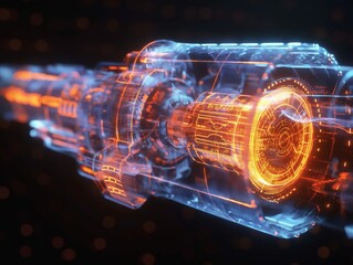A detailed holographic visualization of an advanced energy weapon with warm and cool light contrasts.