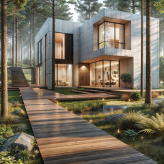 A modern house with large windows and a wooden deck is situated in a forest.