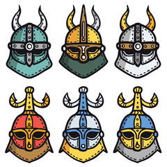Six Viking helmets colorful cartoon style. Helmets feature classic Norse design horns metallic accents. Graphic suitable historical, cultural, themed content