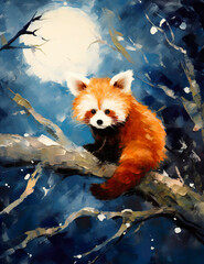 Cute Red Panda and Moon illustration.