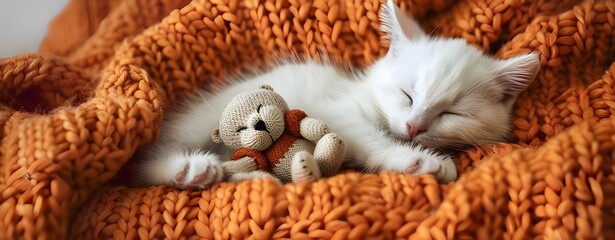 cute kitten sleeping on a bed photography woolen knitted clothes.Sweet Dreams Sleeping Kitten in Knitted Comfort