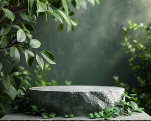 3D stone podium with natural green leaves. Background for products of natural green color.