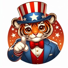 Tiger 4th of July patriotic American flag Independence day Mascot Logo Character for Celebration USA (United State) For Presidential Election Cartoon Clipart
