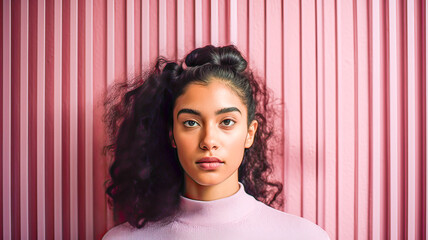 Close-up portrait of a mulatto girl with loose wavy black hair, brown skin, intense gaze.