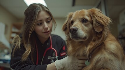 Close-Up of Golden Retriever Dog at Veterinary Clinic with Female Veterinarian