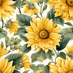 seamless watercolor arrangements with beautiful small sunflowers flower. Botanical illustration reality style.