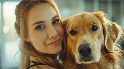 Smiling Female Veterinarian Embracing Golden Retriever Dog in Veterinary Clinic