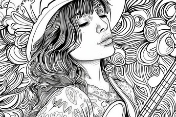 A woman with closed eyes is elegantly sketched, surrounded by intricate musical and floral designs, evoking a tranquil vibe.