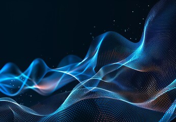 This image illustrates an ethereal wave pattern with a sophisticated particle design, highlighted by blue luminescent tones