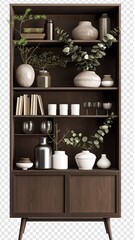 A Vertical Image Of A Wooden Cabinet With Decorative Items On A Transparent Background.