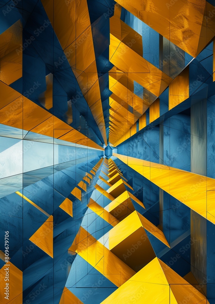 Wall mural A visually striking composition of a geometric tunnel with a perspective in blue and gold tones