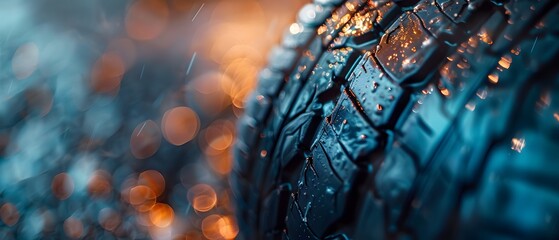 Close up of wet tire with water drops