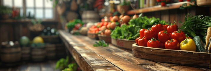 Obraz premium Vibrant vegetables and ripe fruits showcased for sale on a rustic wooden counter.