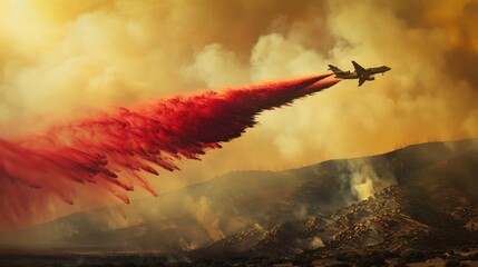 A fire retardant plane dropping a crimson line through the smoke, leaving a stark contrast against the landscape