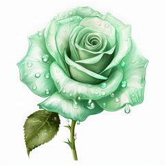 
green rose flower with water drop isolated on transparent background cutout, watercolor illustration.