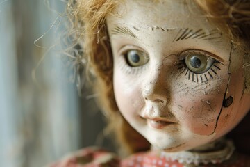 Fototapeta premium Close-up of a damaged antique doll, carefully cleaned and repaired to regain its former charm