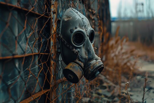 A gas mask hanging on a rusted fence, a symbol of dystopian environmental degradation