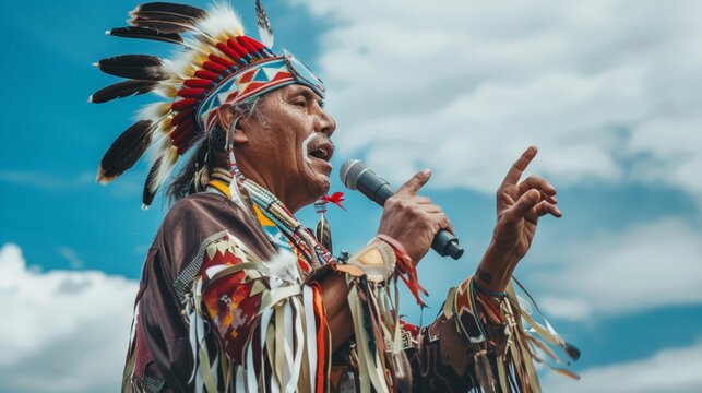 A Native American businessman in traditional attire giving a presentation, proudly incorporating his heritage