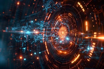 Futuristic tunnel with bright lights in dark setting