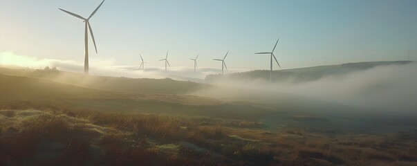 Wind Farm in Misty Morning Generating Renewable Power for Nearby Communities - Powered by Adobe