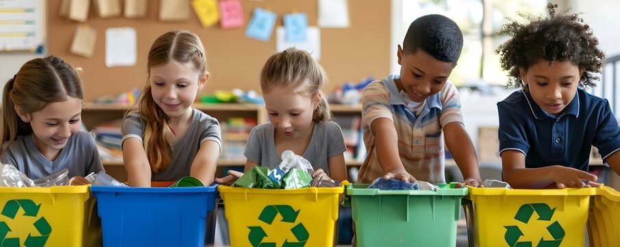 Group of Elementary Students Learning About Recycling and Sustainability in Classroom