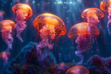 Obraz premium Jellyfish floating water bright lights shining down