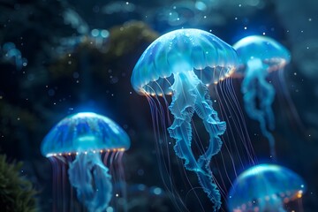 Jellyfish floating in the water with a blue background - obrazy, fototapety, plakaty