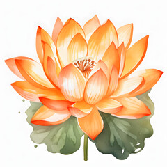 orange lotus flower isolated on transparent background cutout, watercolor illustration.