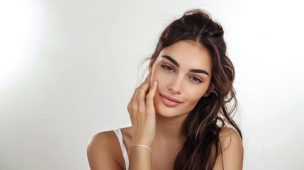 Obraz premium Female model with a refreshing joyful expression, showcasing captivating allure in her enchanting portrait.