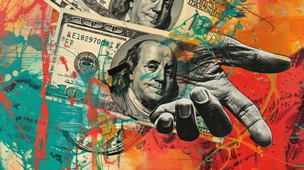 Fototapeta premium A hand holding a hundred dollars. Collage of art.