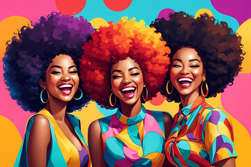 Obraz premium Vibrant Unity: Three Women with Colorful Afro Hairstyles and Stylish Outfits, Celebrating Diversity and Friendship
