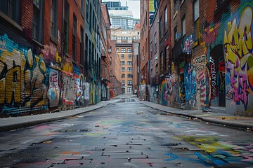 Fototapeta premium Graffiti-covered alley with fire hydrant and brick buildings