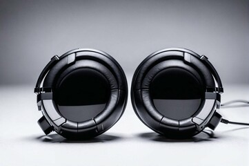 Two black headphones with a cord attached to them - Powered by Adobe