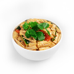 Chinese yuba salad, fuzhu, with paprika and sesame seeds, on a white background, isolate