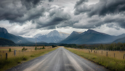 straight asphalt road going into  mountains on he horizon, heavy dark clouds above mountains